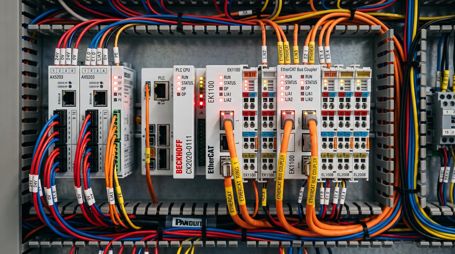 EtherCAT kontrol panosu — PLC, servo sürücüler ve IO modülleri